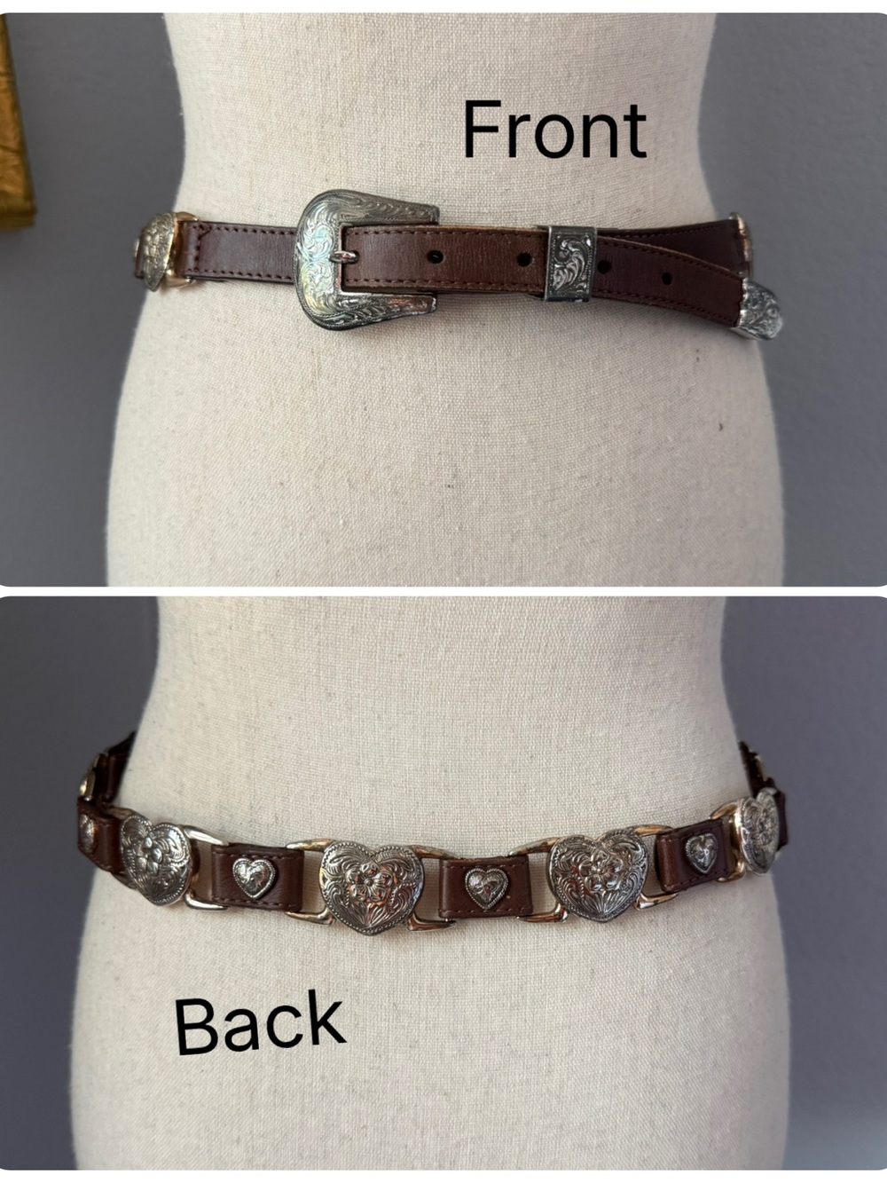 Vtg 90s 3D DDD Western Belt Leather Heart Concho Womens Sz 32 Patina Boho